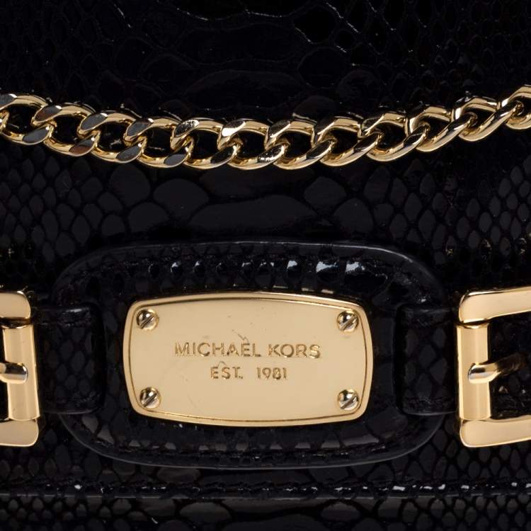 Pre Owned MICHAEL Michael Kors Python Effect Patent Leather and Suede Buckle Flap Shoulder Bag