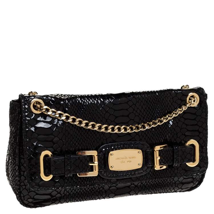 Pre Owned MICHAEL Michael Kors Python Effect Patent Leather and Suede Buckle Flap Shoulder Bag