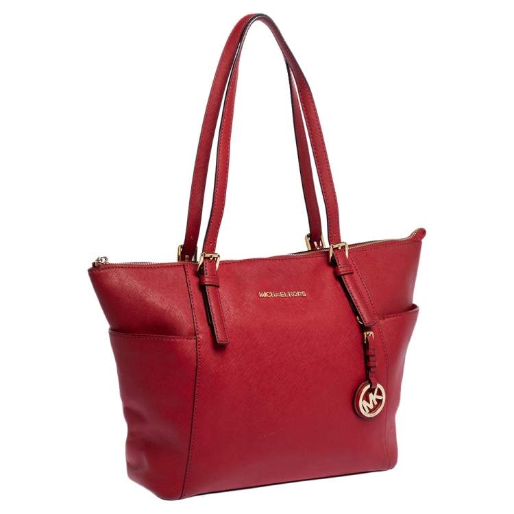 Pre Owned MICHAEL Michael Kors Red Saffiano Leather Top-zip Jet Set Tote
