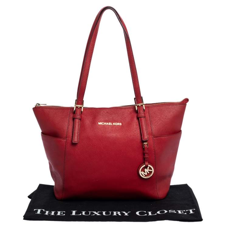 Pre Owned MICHAEL Michael Kors Red Saffiano Leather Top-zip Jet Set Tote