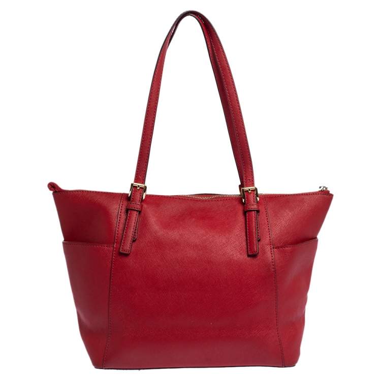 Pre Owned MICHAEL Michael Kors Red Saffiano Leather Top-zip Jet Set Tote