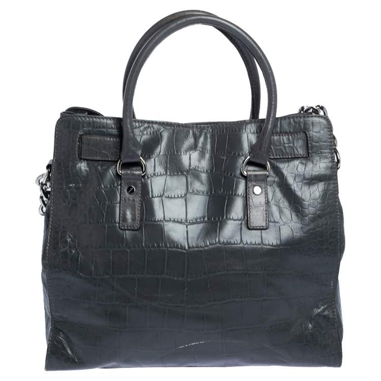 Pre Owned Michael Michael Kors Grey Croc Embossed Leather Large Hamilton North South Tote