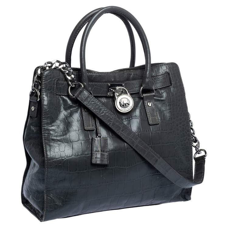 Pre Owned Michael Michael Kors Grey Croc Embossed Leather Large Hamilton North South Tote