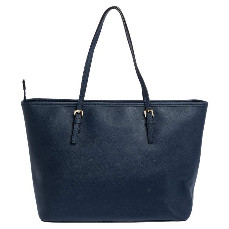 Pre Owned Michael Michael Kors Navy Blue Leather Jet Set Travel Tote