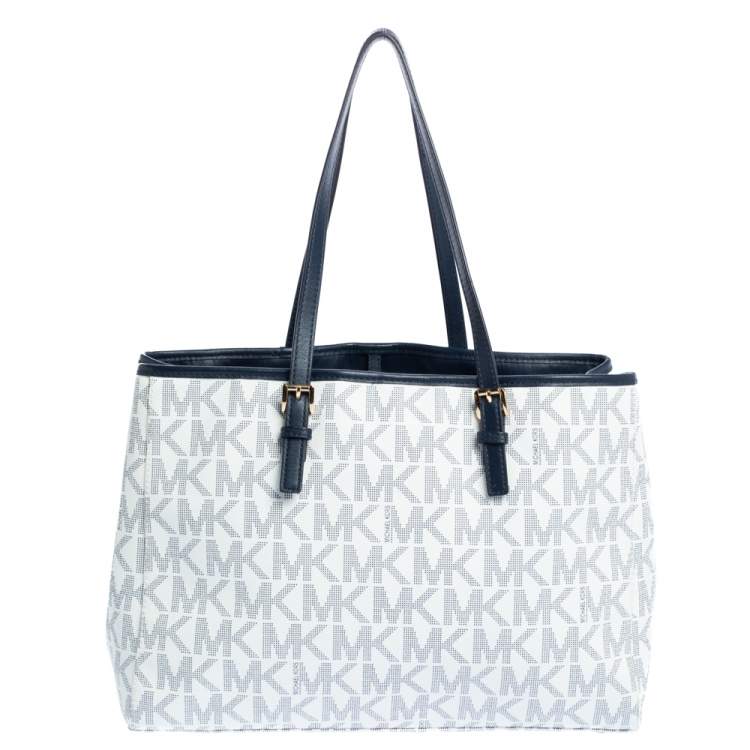 Pre Owned Michael Kors White/Blue Signature Coated Canvas and Leather Tote