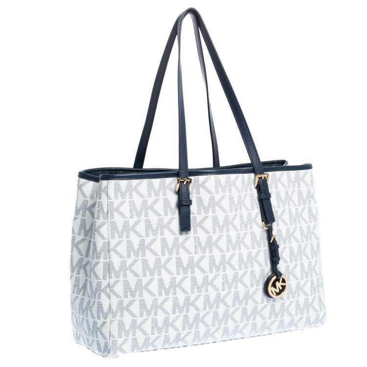 Pre Owned Michael Kors White/Blue Signature Coated Canvas and Leather Tote