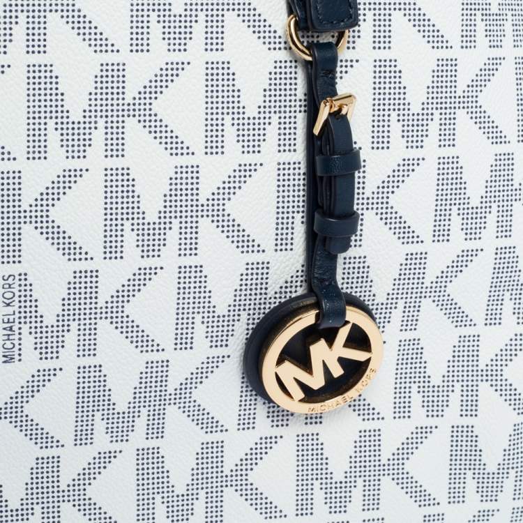Pre Owned Michael Kors White/Blue Signature Coated Canvas and Leather Tote