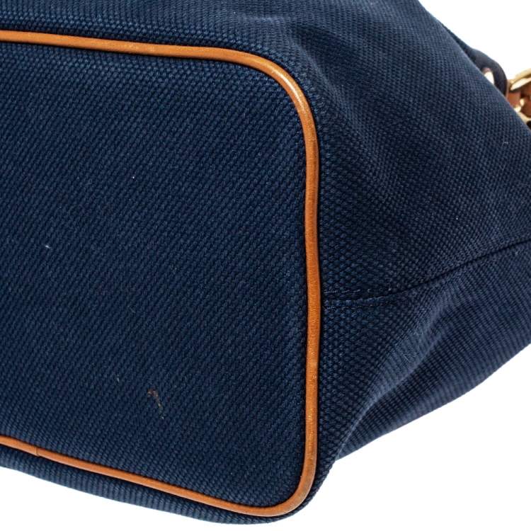 Pre Owned Michael Michael Kors Navy Blue/Brown Canvas and Leather Marina Drawstring Bucket Bag