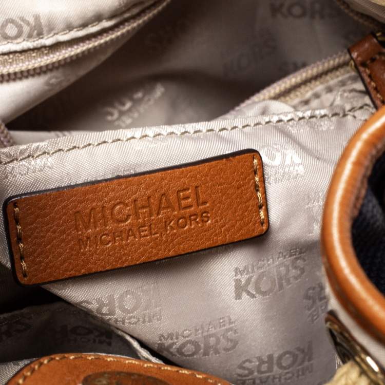 Pre Owned Michael Michael Kors Navy Blue/Brown Canvas and Leather Marina Drawstring Bucket Bag
