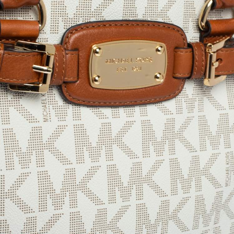 مملوكة مسبقًا Michael Michael Kors Cream/Brown Coated Canvas and Leather East West Hamilton Tote