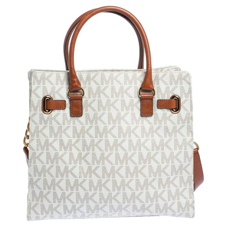 مملوكة مسبقًا Michael Michael Kors Cream/Brown Coated Canvas and Leather East West Hamilton Tote