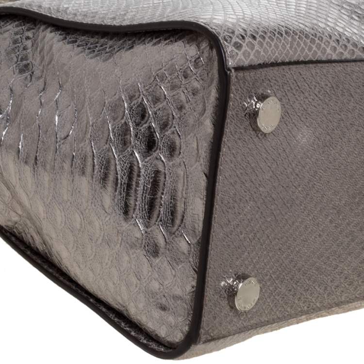 Pre Owned MICHAEL Michael Kors Metallic Silver Python Embossed Leather Large Selma Tote