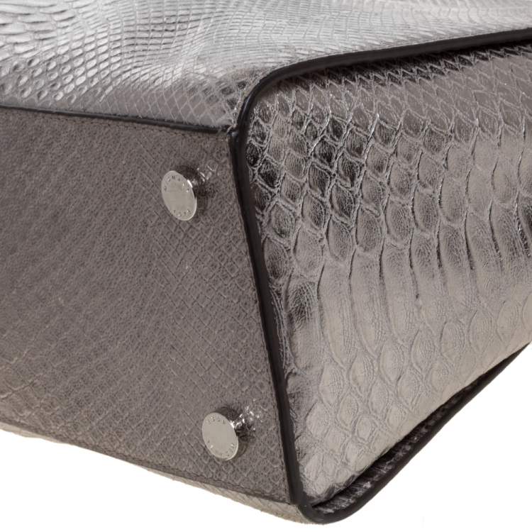 Pre Owned MICHAEL Michael Kors Metallic Silver Python Embossed Leather Large Selma Tote