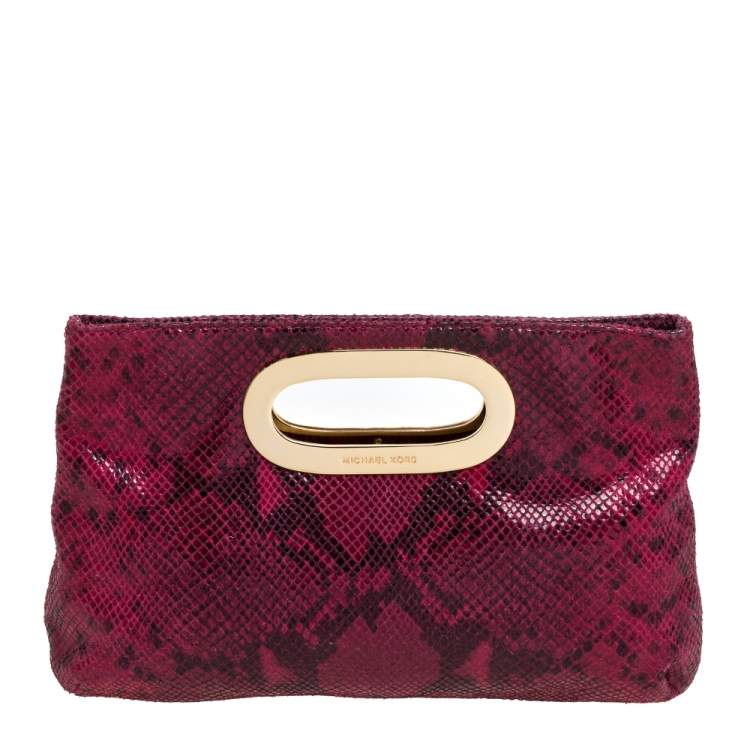 Pre Owned MICHAEL Michael Kors Fuchsia Snakeskin Effect Leather Berkley Clutch