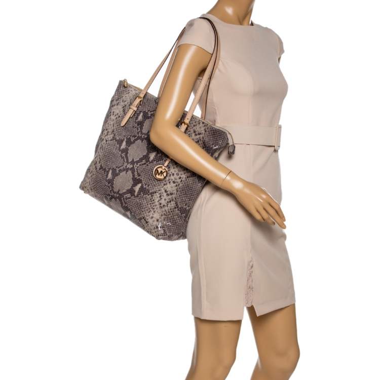 Michael Michael Kors Beige/Black Signature Canvas and Leather Jet Set Tote