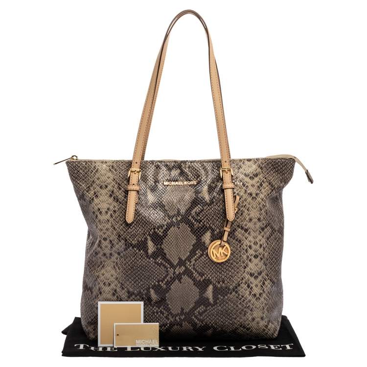 Pre Owned Michael Kors Beige/Black Snakeskin Effect Leather Jet Set Tote