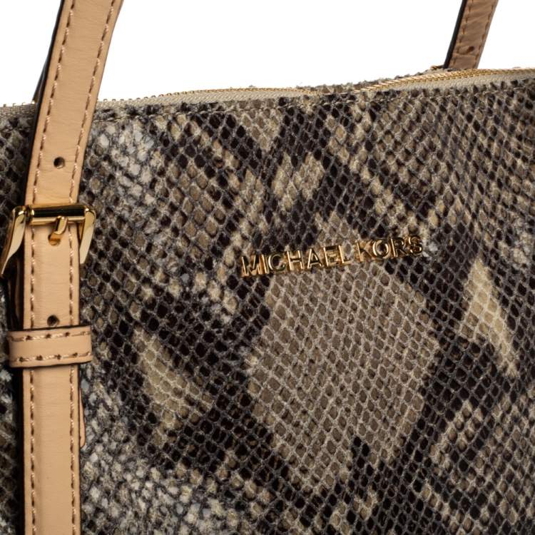 Pre Owned Michael Kors Beige/Black Snakeskin Effect Leather Jet Set Tote