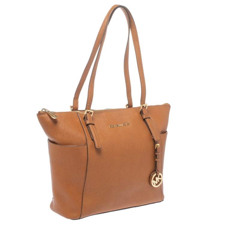 Pre Owned Michael Kors Brown Leather Medium Jet Set Top Zip Tote