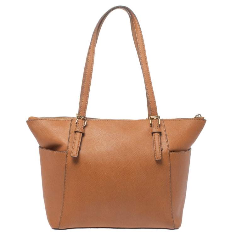 Pre Owned Michael Kors Brown Leather Medium Jet Set Top Zip Tote