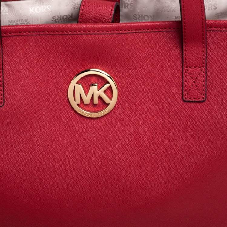 Pre Owned MICHAEL Michael Kors Red Leather Jet Set Travel Tote