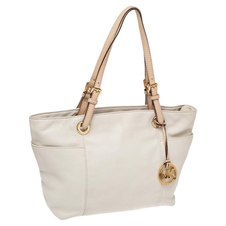 Pre Owned MICHAEL Michael Kors Cream/Beige Leather Top-zip Jet Set Tote