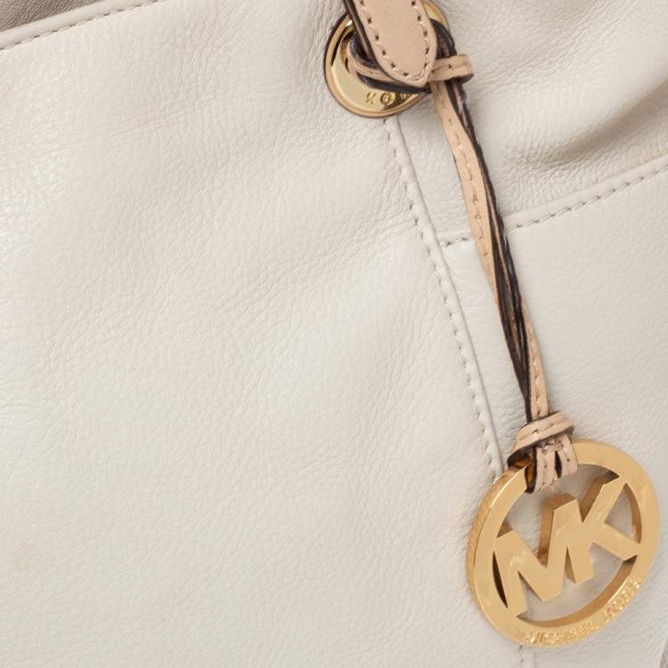 Pre Owned MICHAEL Michael Kors Cream/Beige Leather Top-zip Jet Set Tote