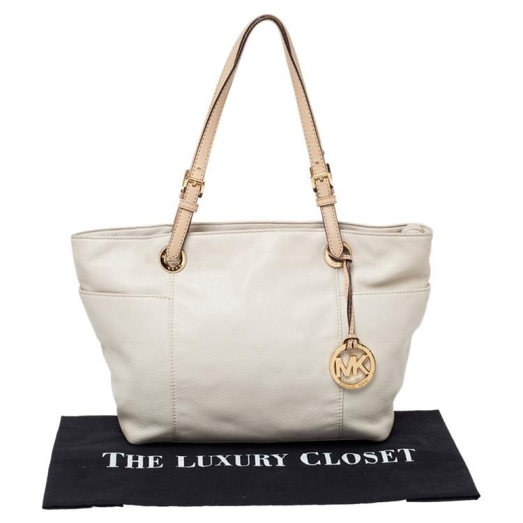 Pre Owned MICHAEL Michael Kors Cream/Beige Leather Top-zip Jet Set Tote
