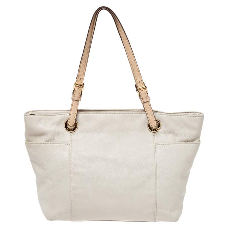 Pre Owned MICHAEL Michael Kors Cream/Beige Leather Top-zip Jet Set Tote