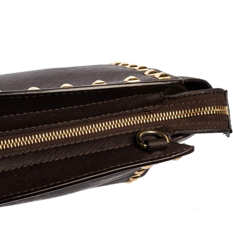 Pre Owned Michael Kors Dark Brown Studded Leather Selma Crossbody Bag