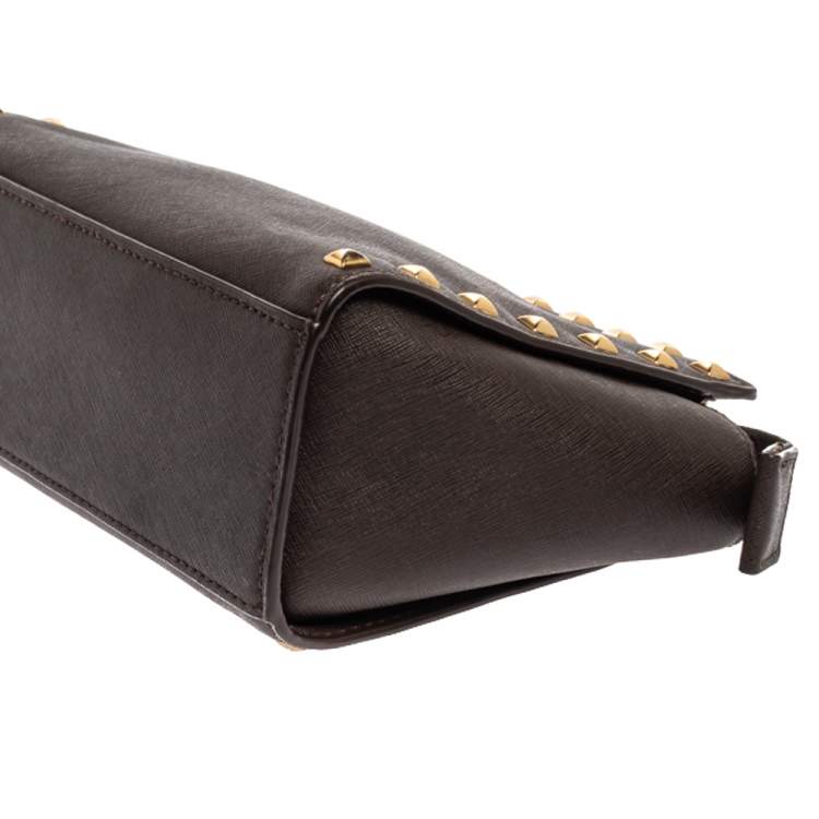 Pre Owned Michael Kors Dark Brown Studded Leather Selma Crossbody Bag