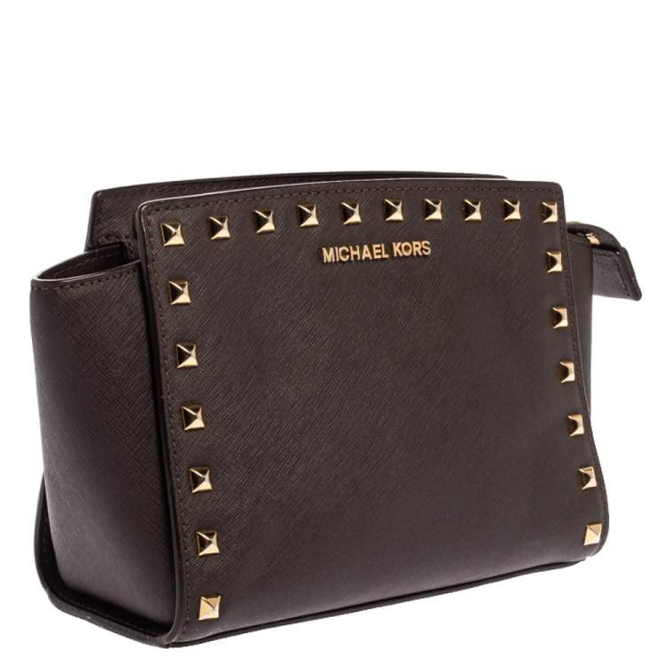 Pre Owned Michael Kors Dark Brown Studded Leather Selma Crossbody Bag