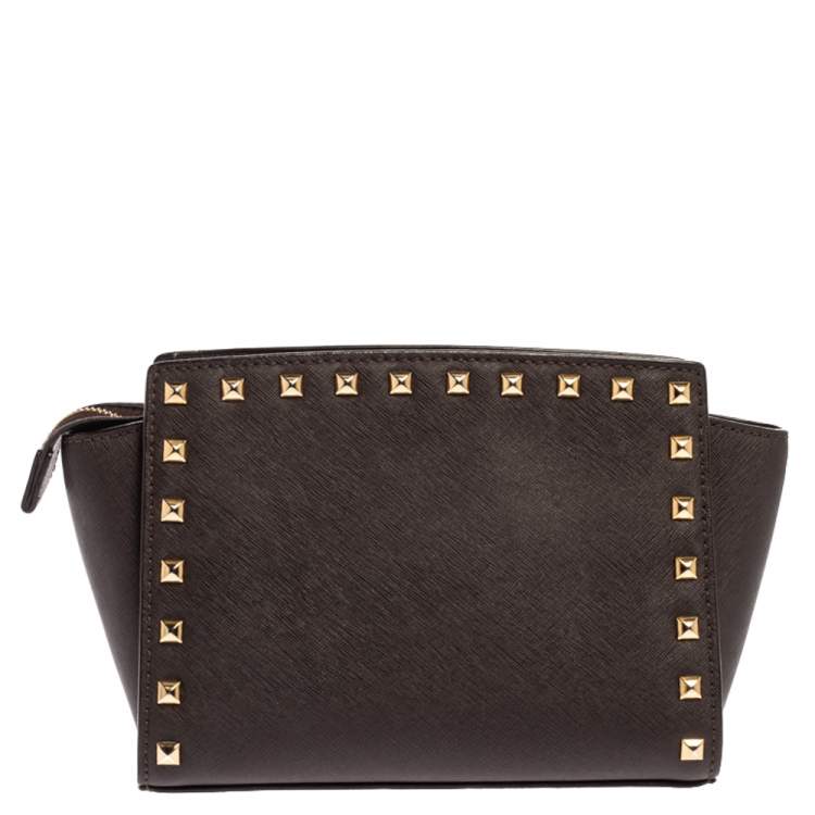 Pre Owned Michael Kors Dark Brown Studded Leather Selma Crossbody Bag