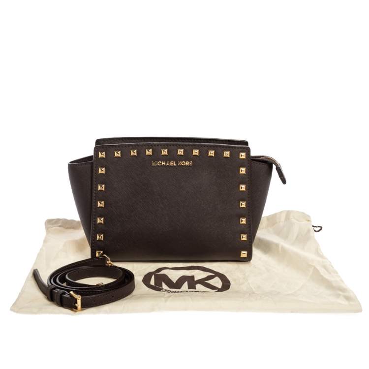 Pre Owned Michael Kors Dark Brown Studded Leather Selma Crossbody Bag