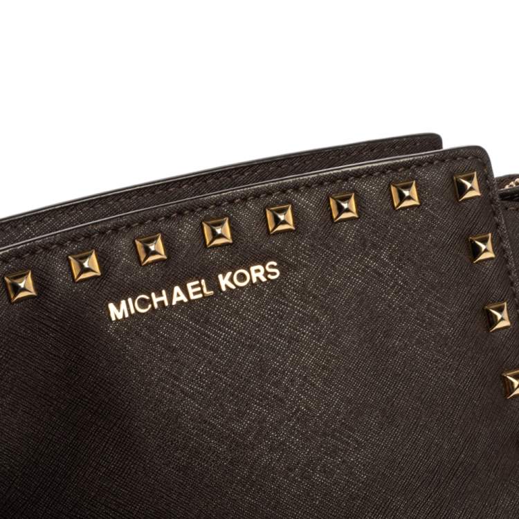 Pre Owned Michael Kors Dark Brown Studded Leather Selma Crossbody Bag