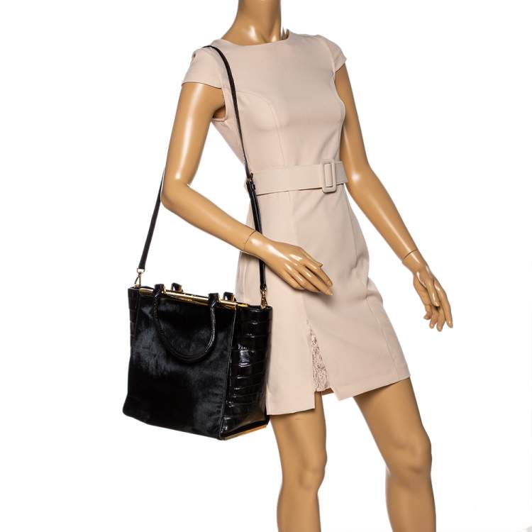 Pre Owned MICHAEL Michael Kors Black Calf Hair and Croc Embossed Leather Large Lana Tote