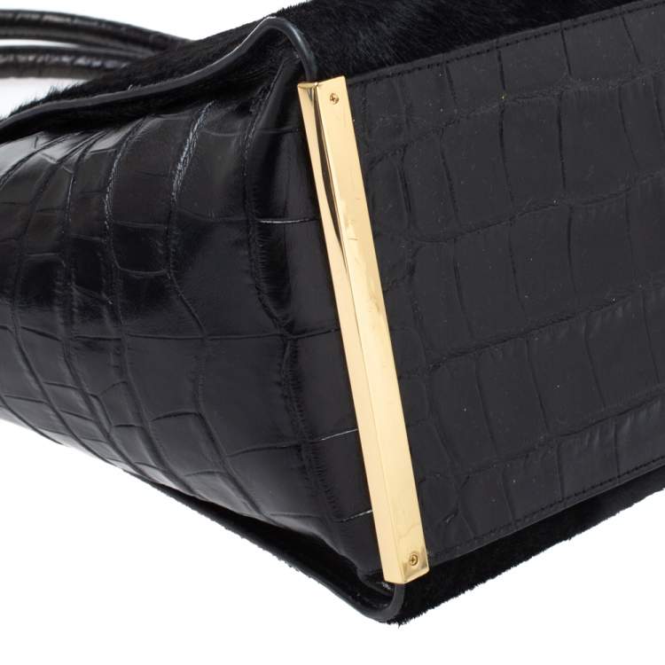 Pre Owned MICHAEL Michael Kors Black Calf Hair and Croc Embossed Leather Large Lana Tote