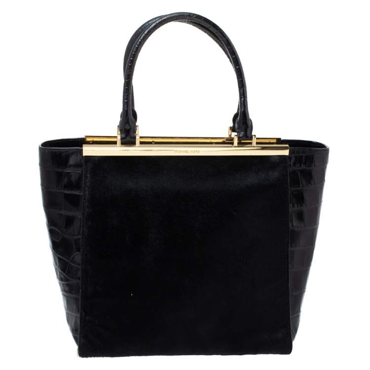 Pre Owned MICHAEL Michael Kors Black Calf Hair and Croc Embossed Leather Large Lana Tote