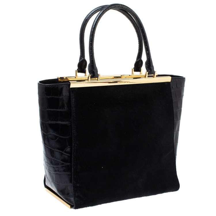 Pre Owned MICHAEL Michael Kors Black Calf Hair and Croc Embossed Leather Large Lana Tote