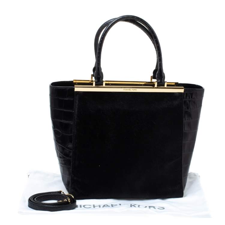 Pre Owned MICHAEL Michael Kors Black Calf Hair and Croc Embossed Leather Large Lana Tote