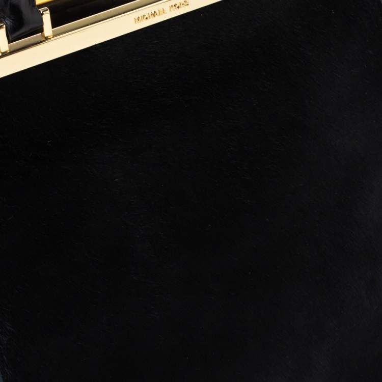 Pre Owned MICHAEL Michael Kors Black Calf Hair and Croc Embossed Leather Large Lana Tote