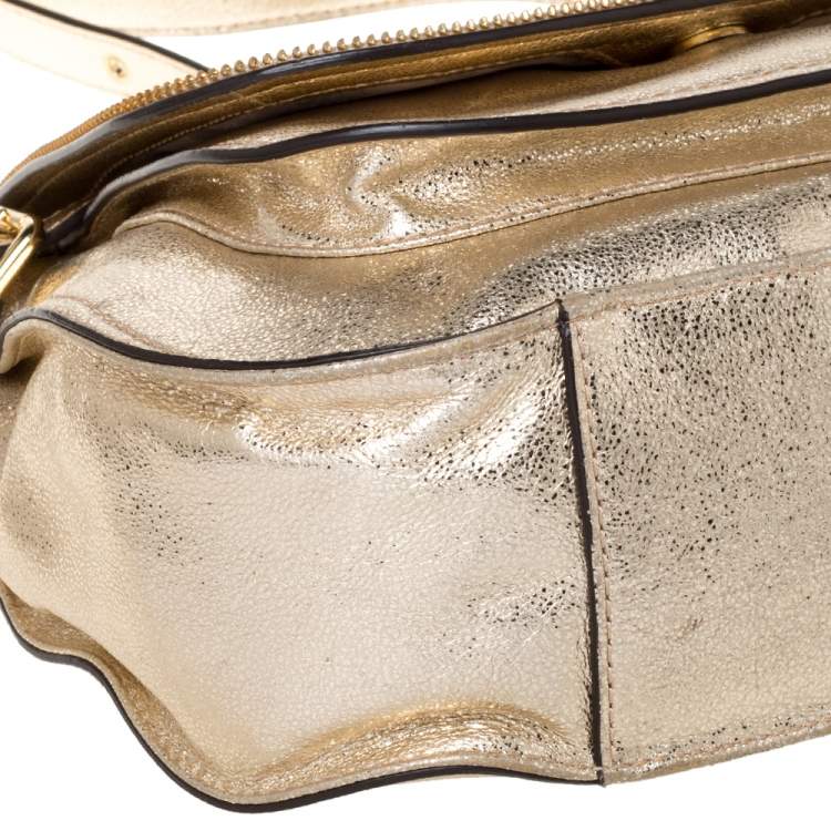Pre Owned MICHAEL Michael Kors Gold Patent Leather Naomi Flap Shoulder Bag