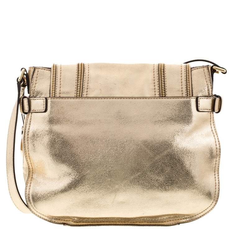 Pre Owned MICHAEL Michael Kors Gold Patent Leather Naomi Flap Shoulder Bag