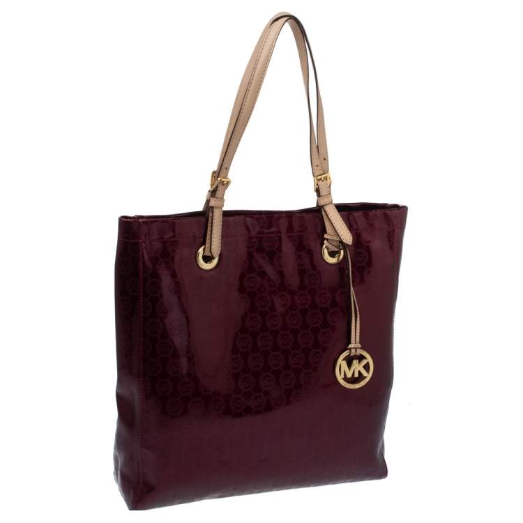 Pre Owned MICHAEL Michael Kors Burgundy Patent Leather Jet Set North South Logo Tote