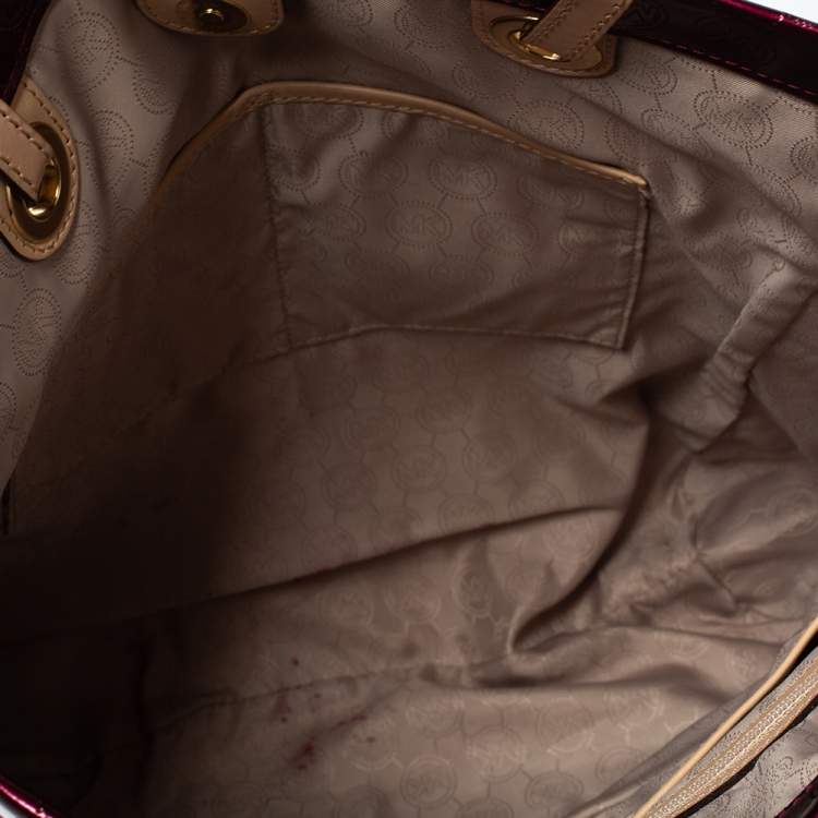 Pre Owned MICHAEL Michael Kors Burgundy Patent Leather Jet Set North South Logo Tote