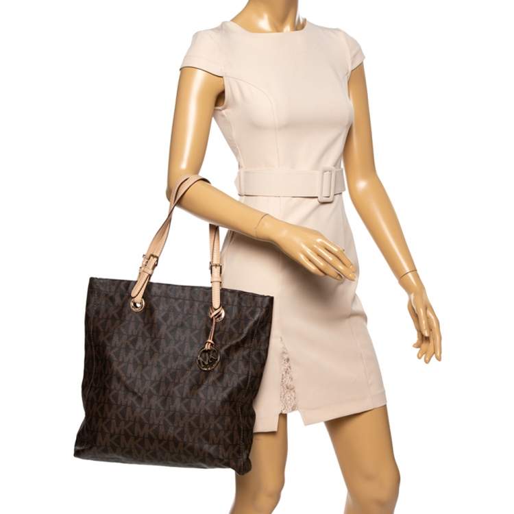 Pre Owned MICHAEL Michael Kors Brown Coated Canvas and Leather Jet Set Tote
