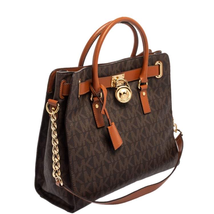 Pre Owned MICHAEL Michael Kors Brown Signature Coated Canvas and Leather Large Hamilton North South Tote