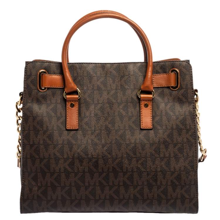 Pre Owned MICHAEL Michael Kors Brown Signature Coated Canvas and Leather Large Hamilton North South Tote
