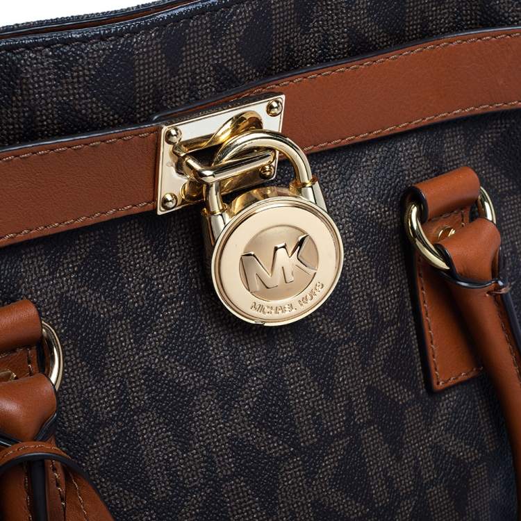 Pre Owned MICHAEL Michael Kors Brown Signature Coated Canvas and Leather Large Hamilton North South Tote