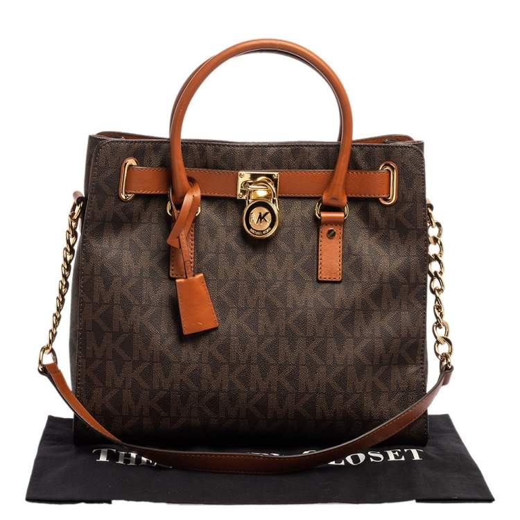Pre Owned MICHAEL Michael Kors Brown Signature Coated Canvas and Leather Large Hamilton North South Tote