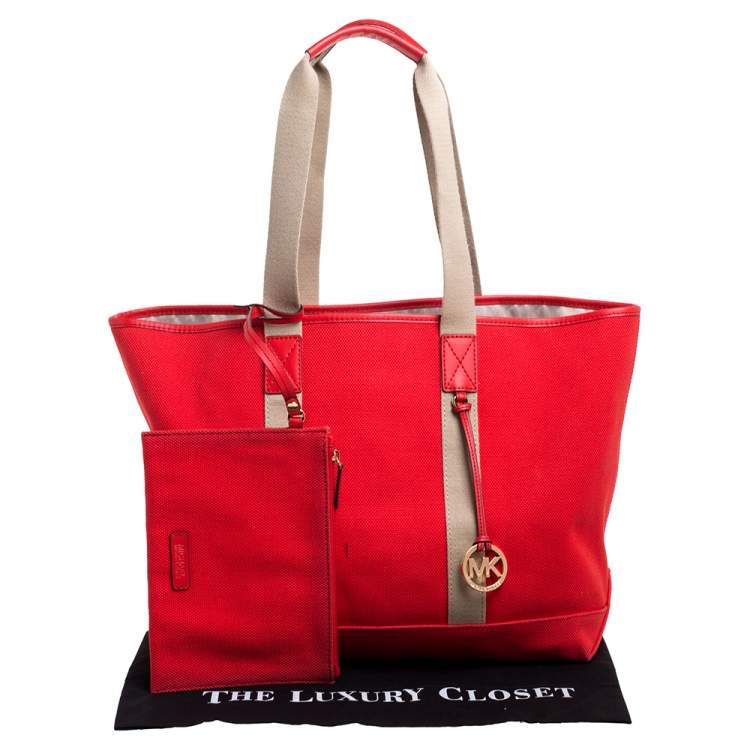 Pre Owned Michael Michael Kors Orange/Beige Canvas and Leather Shopper Tote 